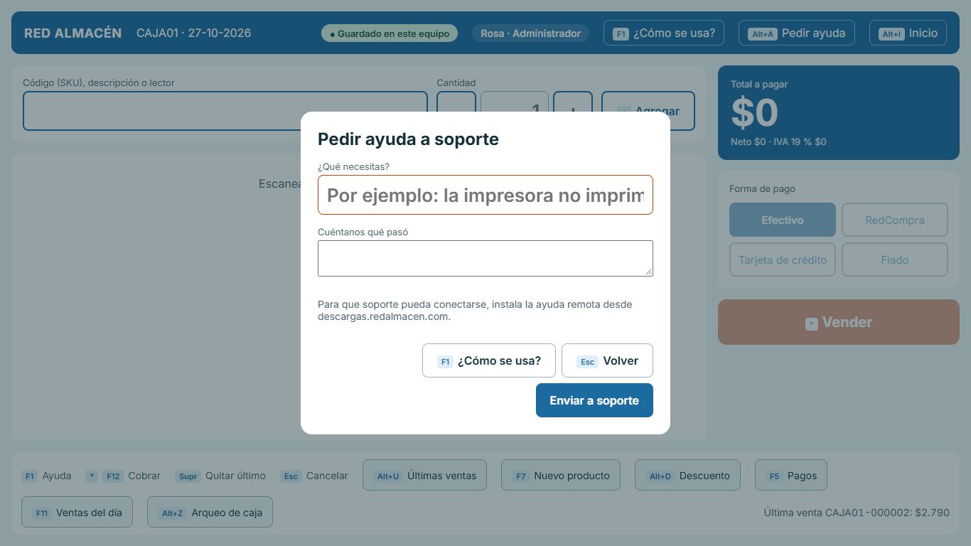 Pantalla: Pedir ayuda a soporte