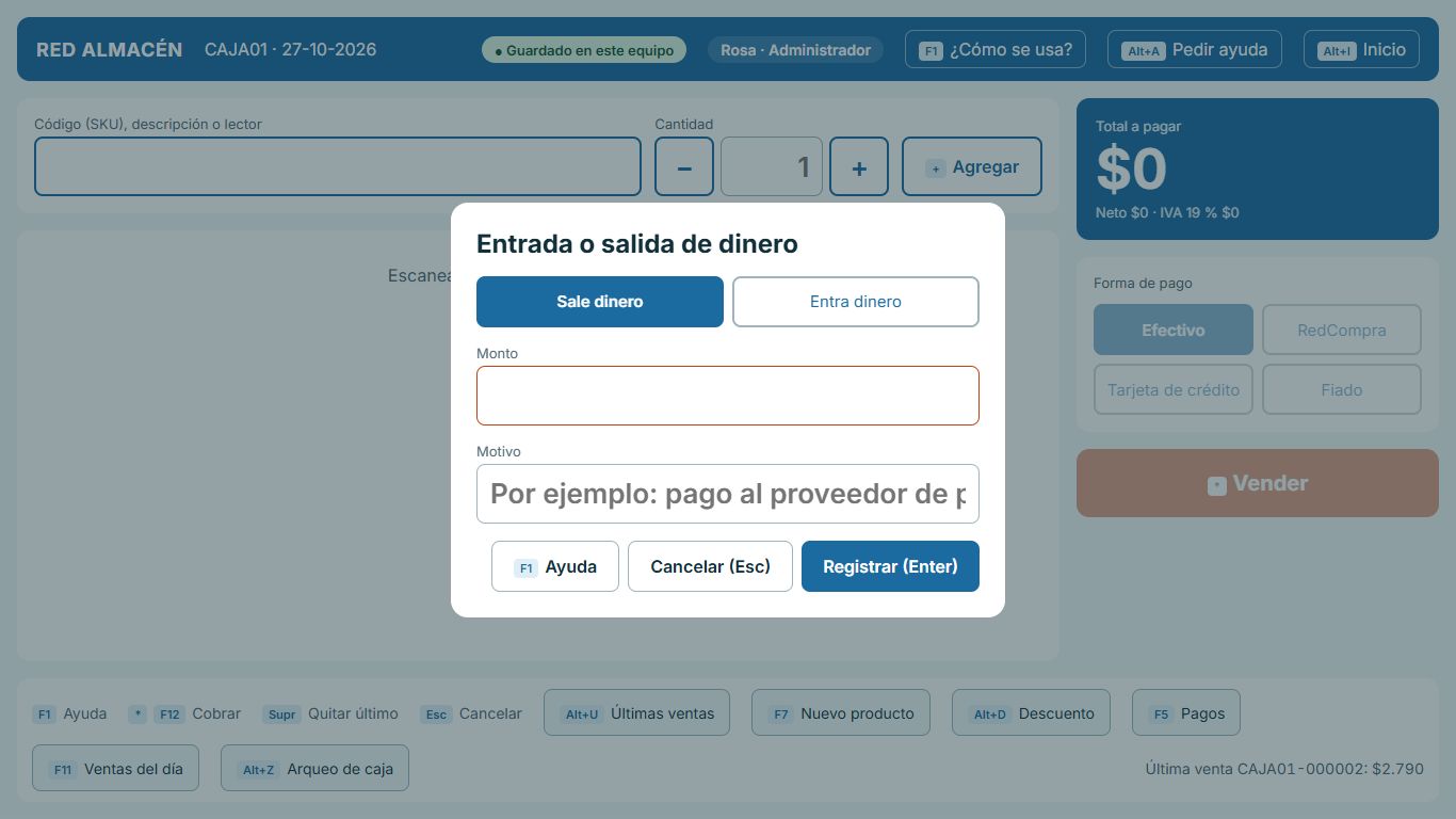 Pantalla: Sacar o poner dinero en la caja