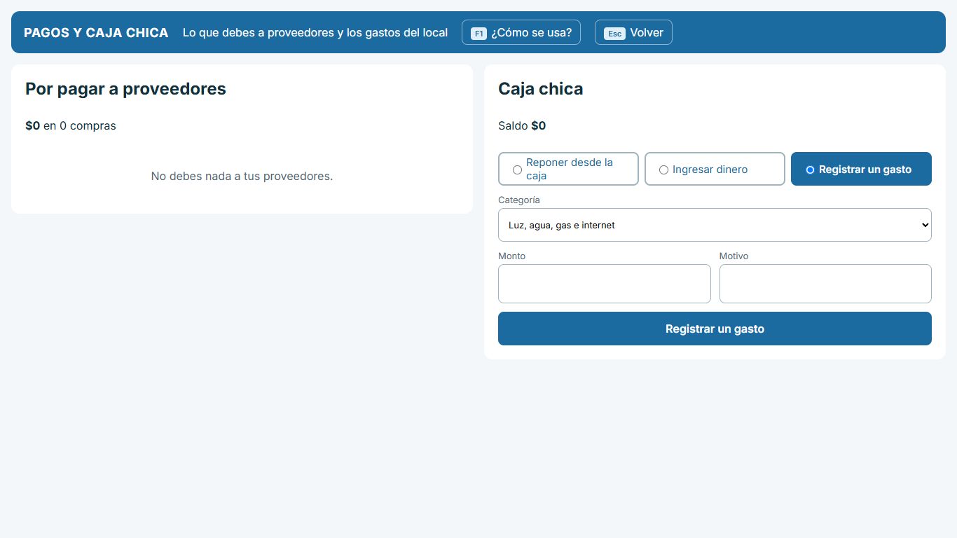 Pantalla: Pagos y caja chica